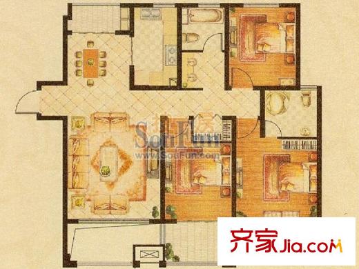 華府天地1#2#端戶C戶型 3室2廳2衛(wèi)1廚