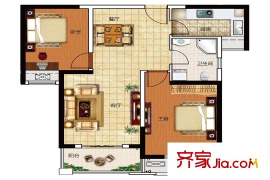 保利鑫城20#、21#中間戶B2-2戶型 2室2廳1衛(wèi)1廚