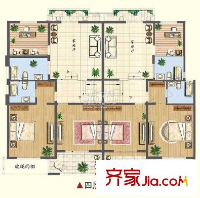 泰康紅郡疊加別墅AB戶型四層 4室3廳3衛(wèi)1廚
