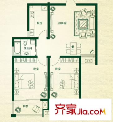萬豪綠城中心小高層1~9#樓A2戶型 2室2廳1衛(wèi)