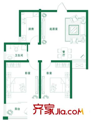 萬豪綠城小高層02戶型 2室2廳1衛(wèi)1廚
