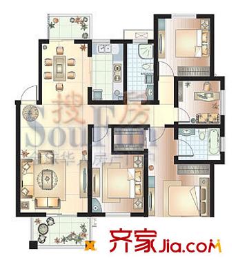 開(kāi)元四季戶(hù)型圖b13-A-6標(biāo)準(zhǔn)層 4室2廳2衛(wèi)1廚