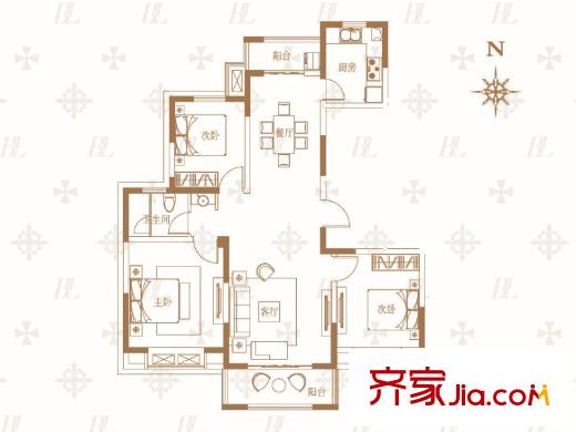 綠地泊林公館一期高層標準層B戶型 3室2廳1衛(wèi)1廚
