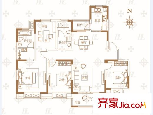 綠地泊林公館一期高層標(biāo)準(zhǔn)層D戶型 4室2廳2衛(wèi)1廚