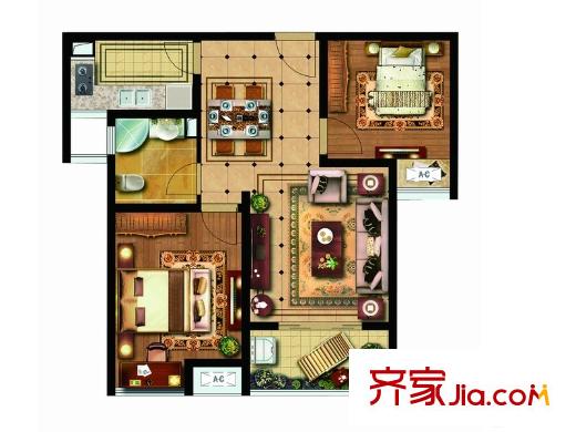 雨潤(rùn)新城紫薇苑1#2#3#4#中間戶G1戶型 2室2廳1衛(wèi)1廚