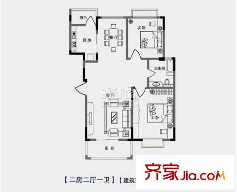 海港新城戶型圖B戶型 2室2廳1衛(wèi)1廚