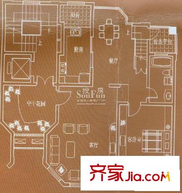 申港豪園戶型圖空中別墅上層 1室2廳1衛(wèi)1廚