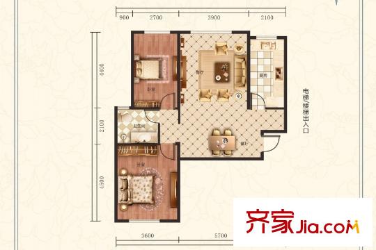 美侖環(huán)球港G1戶型二室二廳一廚一衛(wèi) 100平方米 2室2廳1衛(wèi)1廚