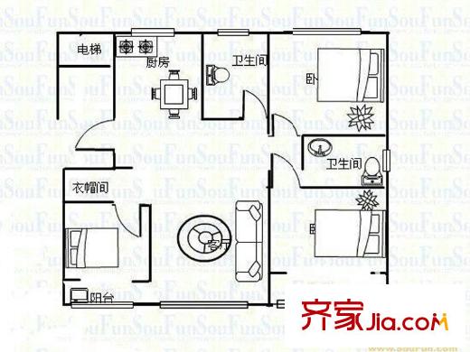 山東呼叫中心產(chǎn)業(yè)基地戶型圖3號住宅樓C戶型 3室2廳2衛(wèi)1廚
