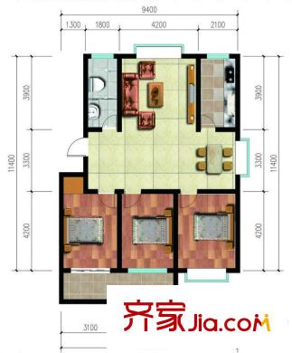 豪森花園戶型圖多層標(biāo)準(zhǔn)層D戶型 3室2廳1衛(wèi)1廚