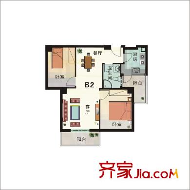 格林學(xué)府戶型圖一期高層B2戶型圖 2室1廳1衛(wèi)1廚
