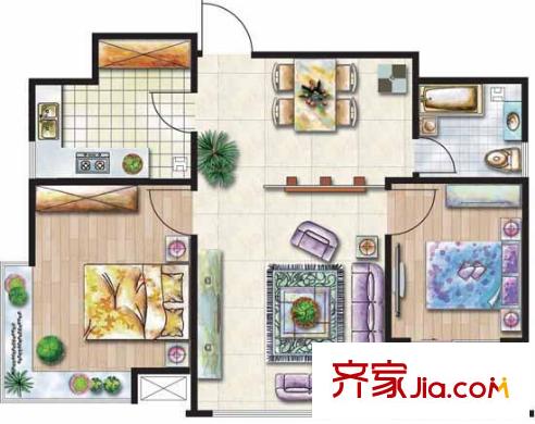 星都國際花園1戶型 2室2廳1衛(wèi)1廚