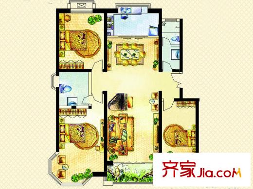 海新瑞景灣戶型圖一期1-5號(hào)樓標(biāo)準(zhǔn)層A戶型 3室2廳2衛(wèi)1廚