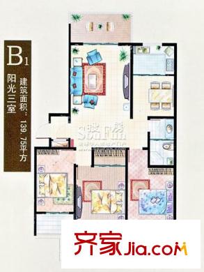 愛麗舍戶型圖戶型B1 3室2廳1衛(wèi)1廚