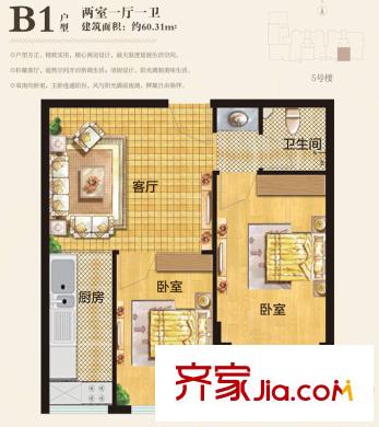 和揚(yáng)英郡戶型圖5#住宅B1戶型 2室1廳1衛(wèi)