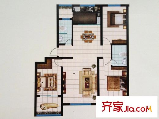 恒信西江月戶型圖二期D戶型 3室2廳2衛(wèi)1廚