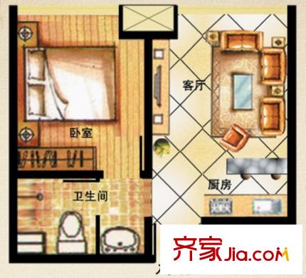 虞河苑戶型圖三期10、11號樓標準層C戶型 1室1廳1衛(wèi)1廚