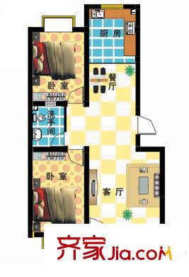 清河灣戶型圖1、7、15、18號(hào)樓標(biāo)準(zhǔn)層戶型 2室2廳1衛(wèi)1廚
