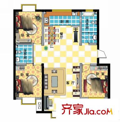清河灣戶型圖14號(hào)樓標(biāo)準(zhǔn)層戶型 3室2廳2衛(wèi)1廚