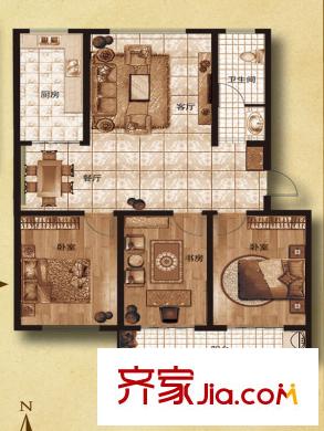 君怡佳苑戶型圖一期多層住宅標(biāo)準(zhǔn)層E戶型 3室2廳1衛(wèi)1廚