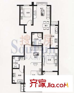 和豐城市花園戶型圖一期高層住宅標(biāo)準(zhǔn)層戶型圖 4室2廳1衛(wèi)1廚