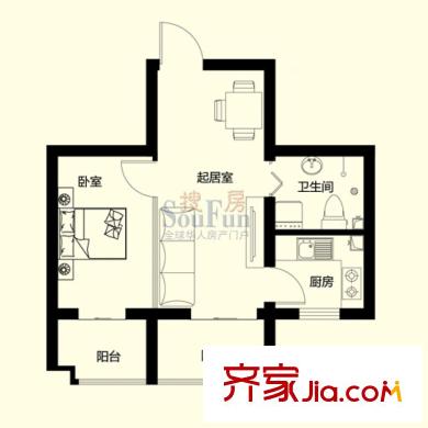 壹里香溪戶型圖D戶型 1室2廳1衛(wèi)1廚
