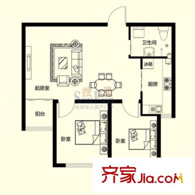 壹里香溪戶型圖E戶型 2室2廳1衛(wèi)1廚