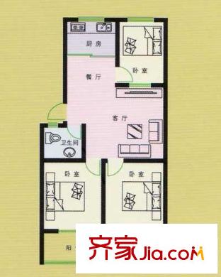恒信沁園春戶型圖戶型D 3室2廳1衛(wèi)1廚