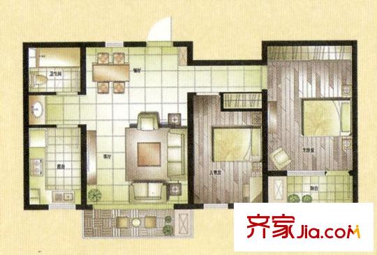博悅世家戶型圖東德組團4、5、6、7號樓標準層B戶型 2室2廳1衛(wèi)1廚