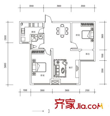 翰林新城戶型圖10號(hào)樓B戶型 2室2廳1衛(wèi)1廚