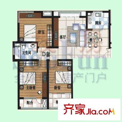 北國之春戶型圖E座D套 3室2廳1衛(wèi)1廚