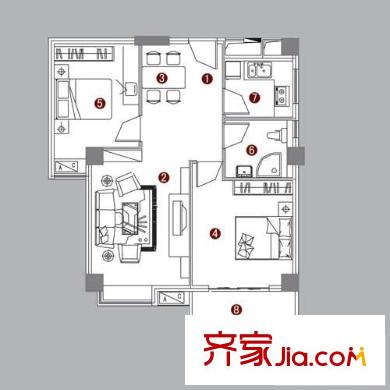 德潤玫瑰園戶型圖三期A3戶型 2室2廳1衛(wèi)1廚