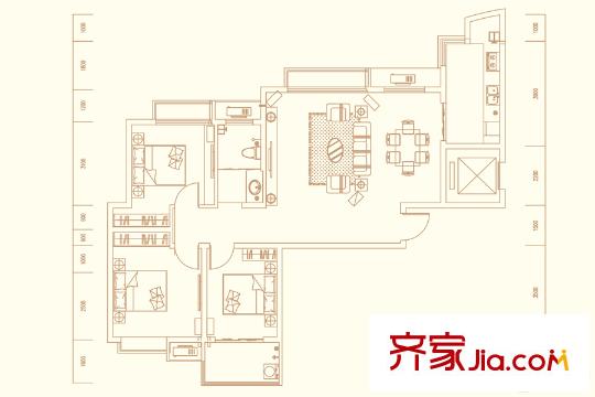 德潤玫瑰熙園1/2號樓C3戶型 3室2廳1衛(wèi)1廚
