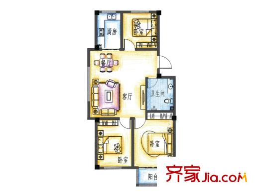 君悅美地一期多層A戶型 3室2廳1衛(wèi)1廚