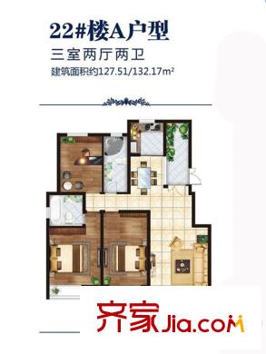 南金奧林星城一期高層22號樓A戶型 3室2廳1衛(wèi)1廚