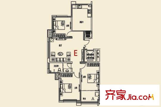 金宸公館6/10號(hào)樓E戶(hù)型 3室1廳1衛(wèi)1廚