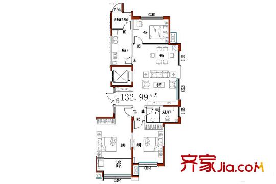 金宸公館13號(hào)樓1戶(hù)型 3室2廳1衛(wèi)1廚