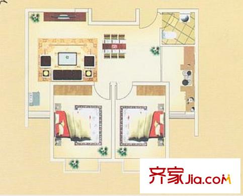 佳利秀水D1戶型 2室2廳1衛(wèi)1廚