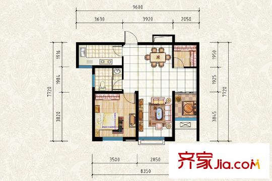 清平花園高層27#B戶(hù)型 1室2廳1衛(wèi)1廚