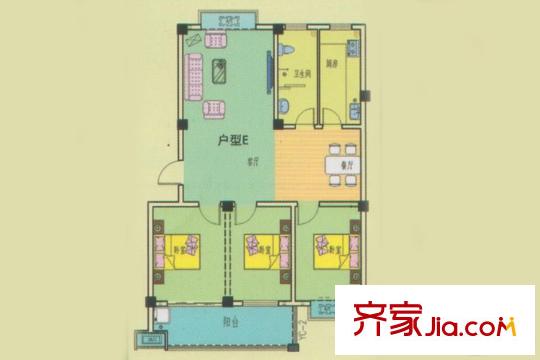 王侯嘉苑戶型E 3室2廳1衛(wèi)1廚