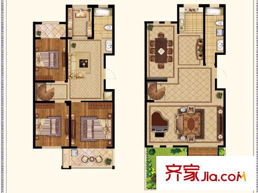 香頌灣B-戶型底層復(fù)式花園洋房 4室3廳2衛(wèi)1廚