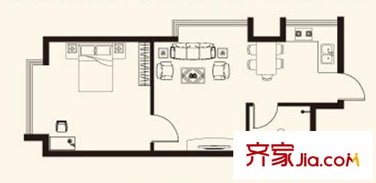 世貿(mào)中心3號樓F戶型 1室2廳1衛(wèi)1廚