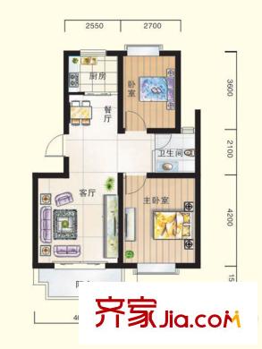 濱海桂冠一期多層1、2、3、4號樓A4戶型 2室2廳1衛(wèi)1廚