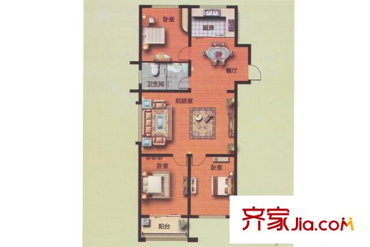 駿龍花園二期10#F戶型 3室2廳1衛(wèi)1廚