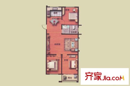 駿龍花園二期10#A戶型 3室2廳1衛(wèi)1廚