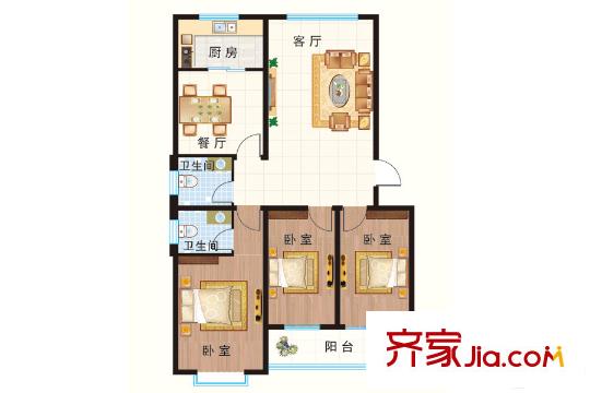 建安花園多層A戶型 3室2廳2衛(wèi)1廚
