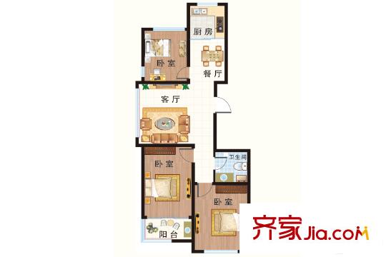 建安花園高層D戶型 3室2廳1衛(wèi)1廚