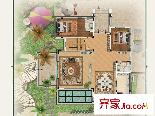 浮煙山國際社區(qū)別墅V4戶型首層 2室2廳2衛(wèi)1廚