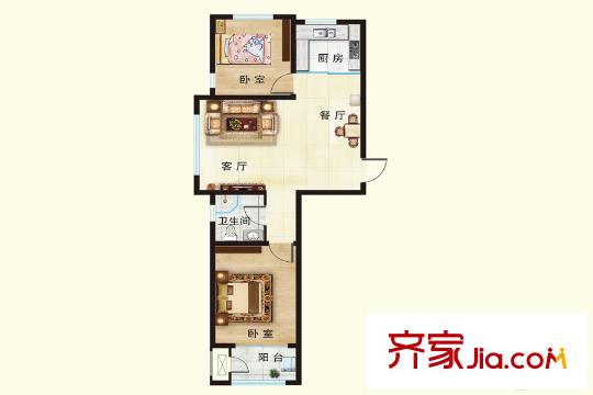 天下客新貴名苑B戶型 2室2廳1衛(wèi)1廚