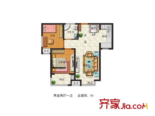 水韻華府2號(hào)樓B-02戶型 2室2廳1衛(wèi)1廚